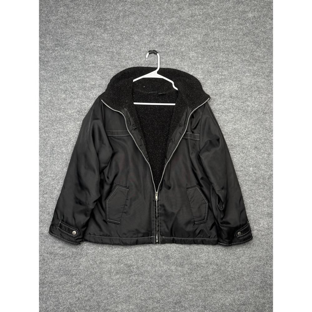 Split Mens Sherpa Lined Nylon Jacket Black Contrast‎ Stitch Zip Up Medium